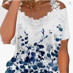 Noracora White Blue Floral Lace Off Shoulder Blouse - Size XL